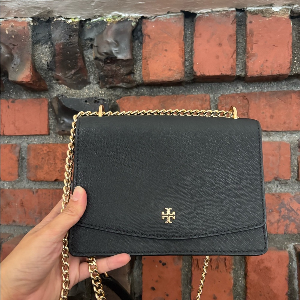 Tory Burch Black and Gold Crossbody Bag with Chain Strap